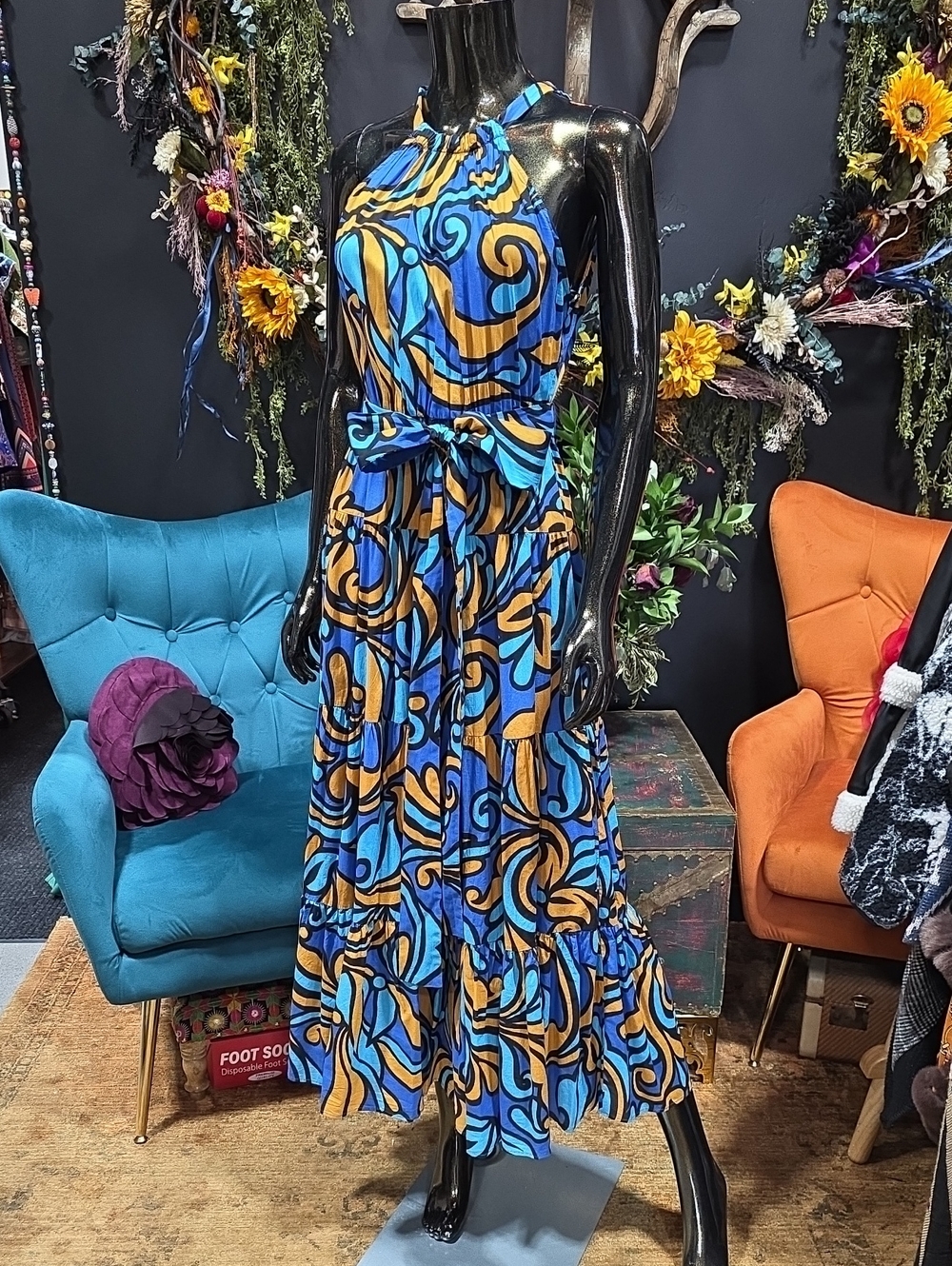 Zara Blue & Gold Abstract Halter Maxi Dress